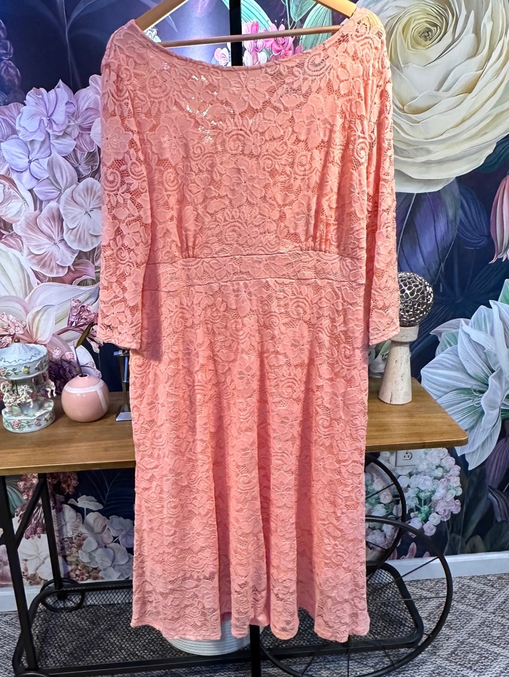 3XL Lace Stretch Dress Side Pockets Floral Fit & Flare Peach Pink 3/4 Sleeve